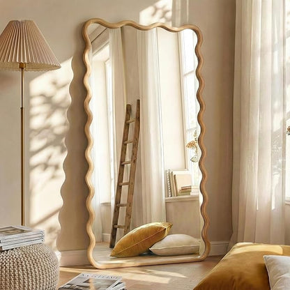Wavy Mirror for Wall, 55"x28" Boho Wavy Wood Mirror Large Full Length Decorative Mirror with Tempered Glass, Natural Wooden Frame Vanity Mirror for Bedroom, Living Room, Entryway