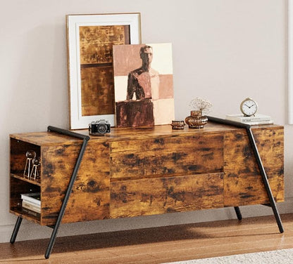 GarveeHome 55" Modern TV Stand with 2 Drawers, Adjustable Shelves, U-Shaped Metal Legs, Farmhouse Entertainment Center, Wooden TV Console for Living Room, Bedroom, Amber Oak