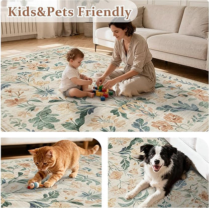 5x7 Area Rugs Washable Rug: Lagre Boho Living Room Rug Soft Non-Slip Thin Carpet Indoor Floor Non-Shedding Neutral Floral Carpets for Bedroom Dining Room Farmhouse Nursery Beige