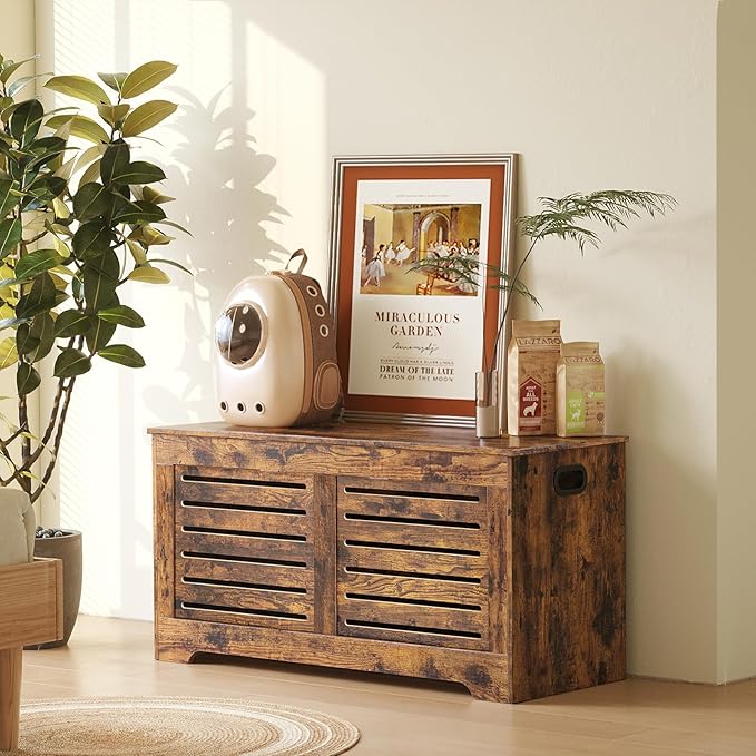 DINZI LVJ Storage Chest, Flip-Top Wooden Toy Box with 2 Safety Hinges, Retro Entryway Shoe Storage Bench, Sturdy Large Storage Trunk for Living Room, Bedroom, Easy Assembly, Rustic Brown