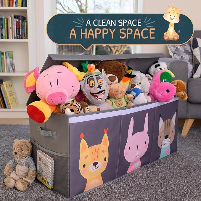 Extra Large Toy Storage Organizer with Lid - Sturdy, Collapsible Toy Chest Storage Box with Cute Design - Toys Bin with Dividers for Kids, Boys, Girls, Nursery, Bedroom, Play room 37"x16"x14"