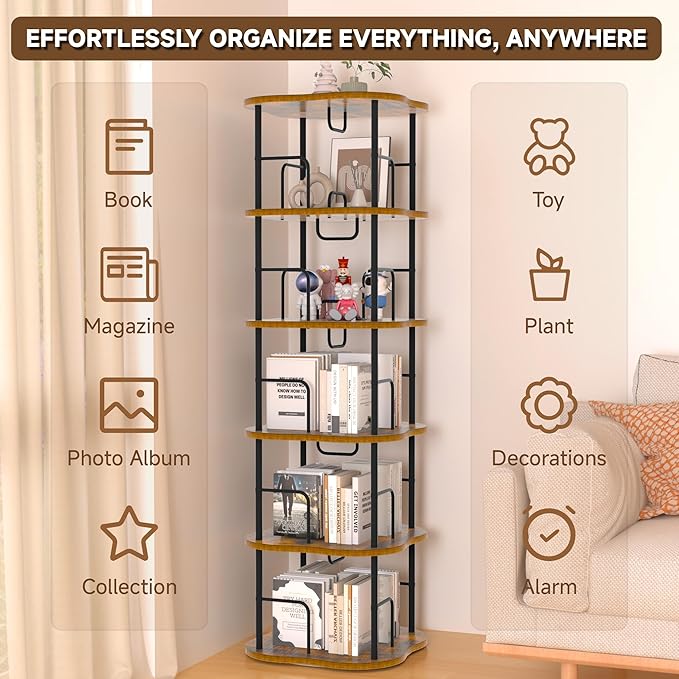 5-Tier Rotating Book Shelf, 360° Display Spinning Bookshelf Tower, Book Organizer, Floor Standing Bookcases for Small Space, Corner Book Shelf for Bedroom, Living Room, Study Room (RUSTIC BROWN)