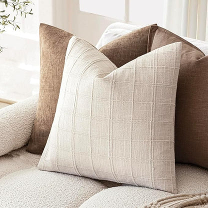 Foindtower Set of 2 Decorative Linen Check Throw Pillow Covers Neutral Farmhouse Vintage Cushion Covers Modern Boho Home Decor For Sofa Chair Couch Bedroom Living Room Outdoor,18×18 Inch,Natural Beige