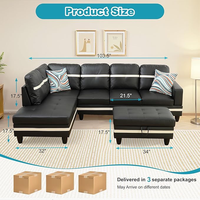 L Shaped Couch PU Leather Sectional Couch Upholstered 3 Pieces Sofas for Living Room with Chaise, Storage Ottoman for Office and Small Apartment, Black