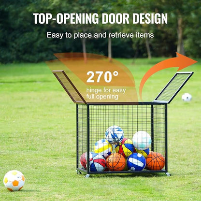 VEVOR Rolling Sports Ball Storage Cart, Lockable Basketball Cage with Double Lids, Sport Equipment Holder Organizer for Indoor Outdoor, Steel Storage Rack for Garages, Playgroup, Gym and Schools
