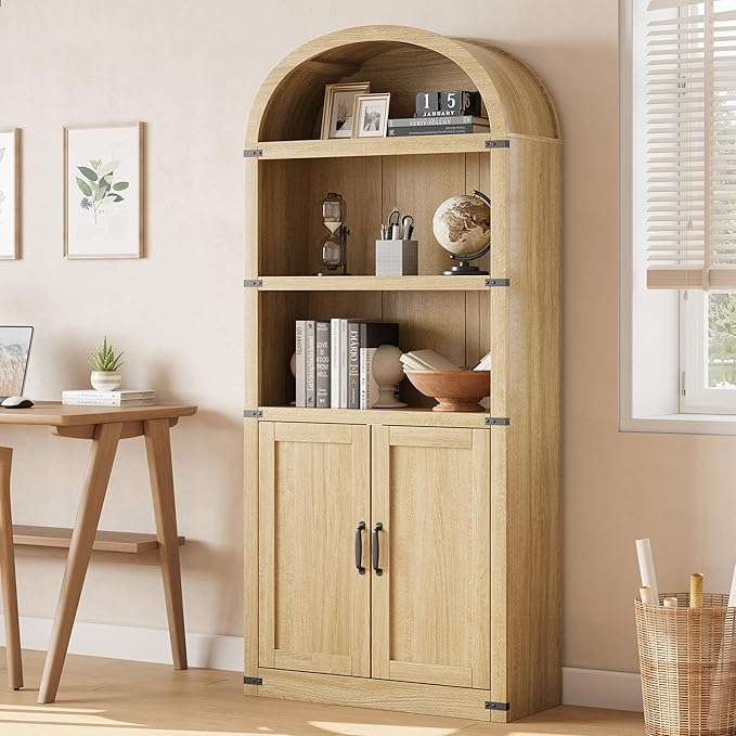 GarveeHome Bookcase with Doors Arched Bookshelf 71.65in Tall Bookcase Farmhouse Cabinet with Shelves Wooden Bookshelves for Home Office, Living Room (Light Oak)