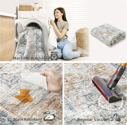 6x9 Area Rugs for Living Room: Washable Rug Stain Resistant Vintage Non Slip Low Pile Faux Wool Soft Large Area Rug for Bedroom Kitchen Dining Room Under Table Nursery Farmhouse Home Office Indoor