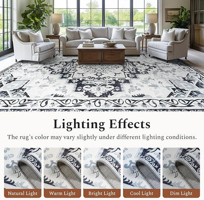 Rugflix 5x7 Area Rug for Living Room, Machine Washable Area Rugs with Non-Slip Backing, Large Soft Boho Vintage Rug for Bedroom, Dining Room, Low Pile Carpet, Kids Pet Friendly, Grey