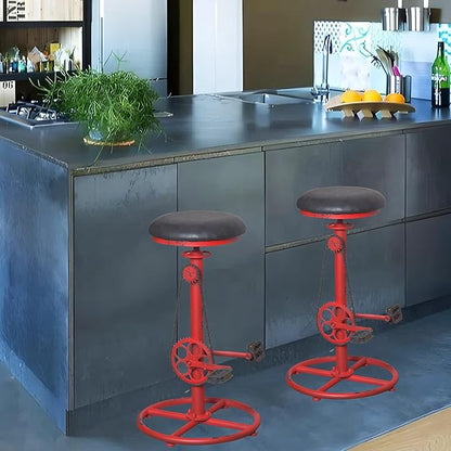 Topower Vintage DIY Bar Stool Bicycle Chain Iron Pedal Retro Industrial Height Adjustable Bicycle Wheel Design bar Chair Set of 2 Antique Red