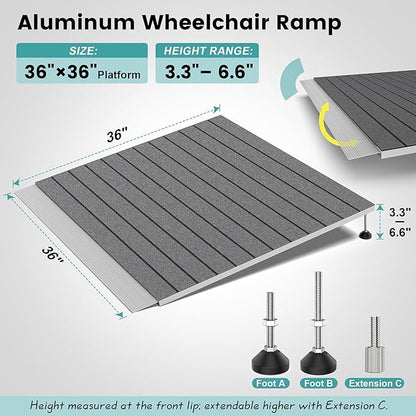 Threshold Ramps for Wheelchairs, Adjustable Height 3.3"-6.6" and 36"×36" Platform Aluminum Wheelchair Ramp, Door Threshold Ramps with a Non-Slip Thick Door Mat for Scooters, Power Chairs, Cart