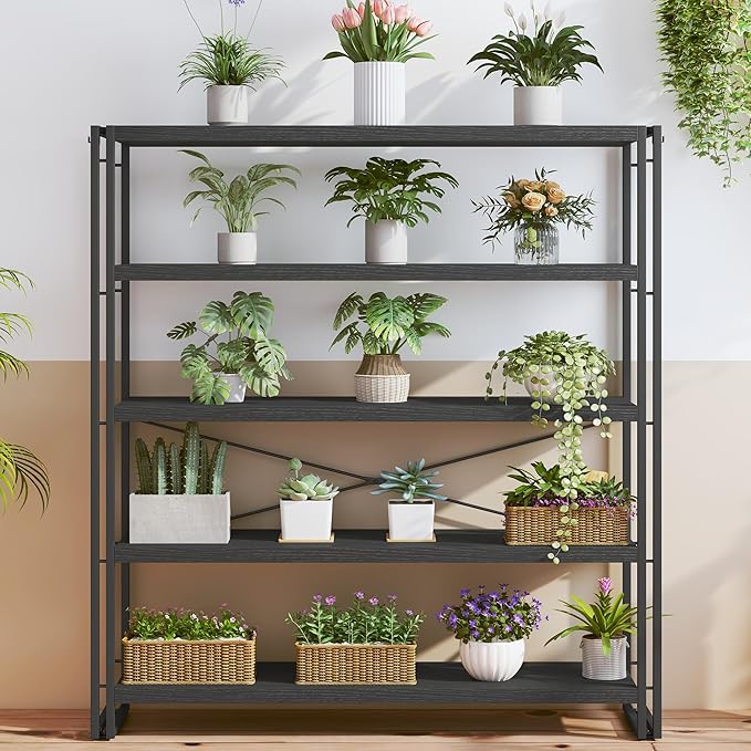 HCHQHS Bookshelf, 5-Tier Industrial Bookcase, Black Open Book Shelf, Freestanding Tall Bookshelves with Metal Frame