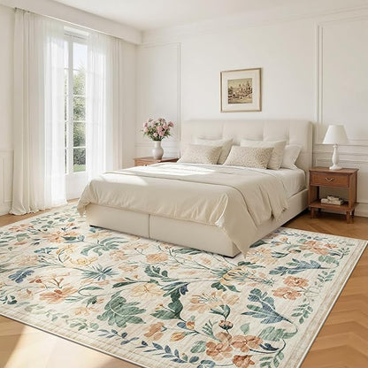 5x7 Area Rugs Washable Rug: Lagre Boho Living Room Rug Soft Non-Slip Thin Carpet Indoor Floor Non-Shedding Neutral Floral Carpets for Bedroom Dining Room Farmhouse Nursery Beige