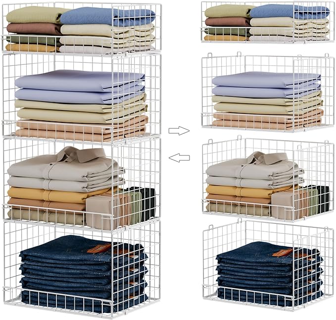4 Tier Stackable Closet Organizers and Storage Shelves, Foldable Closet Shelf Organizer System, Stackable Storage Bins Drawers for Clothes Organizer System, White(Patent Pending)