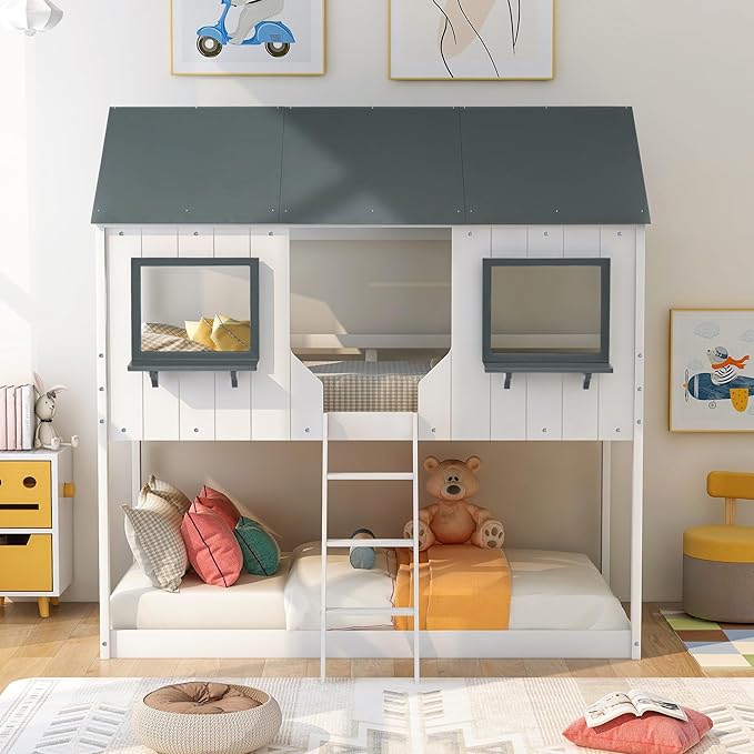 Ball & Cast Twin Over Twin Size Playhouse Bunk Bed with Roof and Window,Wood Bunkbed w/Full-Length Guard Rail & Ladder,Slat Support,Space Saving,Bedroom Furniture for Student Dorms,White