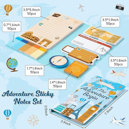 B1ykin Cute Sticky Notes Set - Let The Adventure Begin Self-Stick Notes Pad, 550 Sheets Writing Memo Pages Sticky Notepad for Teacher Appreciation Gifts, School Office Party Supplies (Begin Traveling)