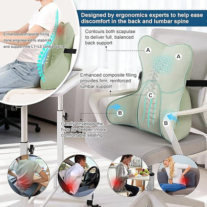 Ergonomic Lumbar Support Pillow(Pat. Pend) – Multi-Functional Back Cushion with Firm Support for Reading, Working & Driving,Celadon Green