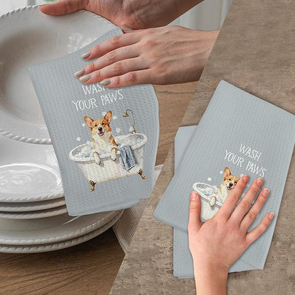 Funny Corgi Dog Hand Towels for Bathroom, Dogs Themed Decorative Hand Towels, Wash Your Paws Dish Tea Towel for Kitchen Bathroom Decor, Corgi Gifts for Dog Lovers Women Men, 16x24 Inch