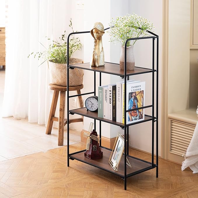 Crofy No Assembly Folding Bookshelf for Living Room, 3 Tier Black Collapsible Book Shelf for Home Office, Portable Bookcase Storage Organizer