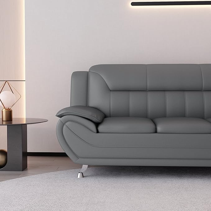 Container Furniture Direct Michael Modern Faux Leather Upholstered Stainless Steel Legs Living Room Sofa, Gray