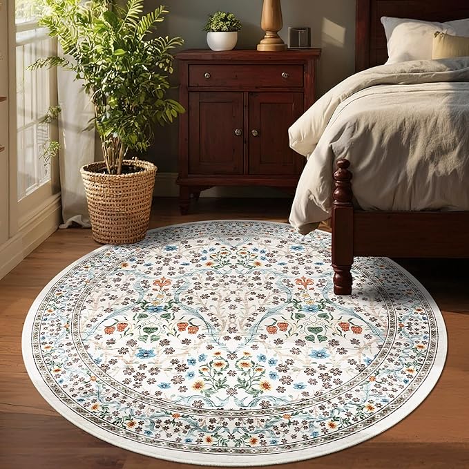 GarveeHome Beige Ivory Floral 4 ft Round Rug Washable Non-Slip Soft Low Pile Small Circle Carpet Vintage Rugs for Kitchen Bedroom Nursery Dining Living Room