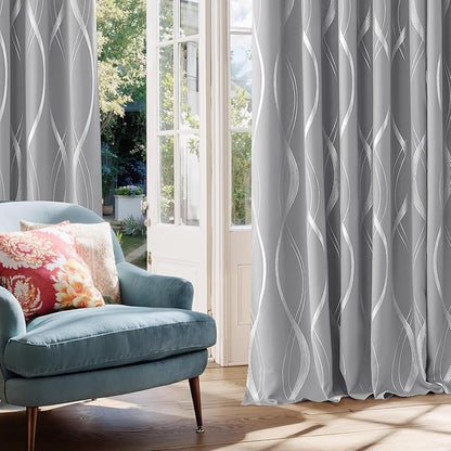 NICETOWN Silver Grey Pattern Curtains for Bedroom, 52 x 84 Inch Noise Reducing Thermal Insulated Wave Line Foil Print Design Room Darkening Window for Patio Sliding Glass Door(2 Panels)