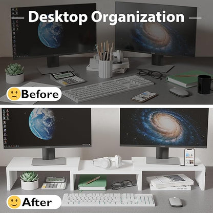 BONTEC Dual Monitor Stand Riser with Smartphone Holder, Adjustable Length & Swivel Angle, Ergonomic Wooden Desktop Organizer for PC Monitor, Laptop, Printer, Large Storage, White