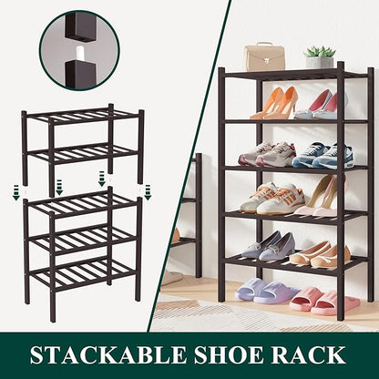 Smiry Bamboo Shoe Rack for Closet, 2 Tier Long Wooden Stackable Shoe Organizer, Free Standing Shoes Storage Shelf for Entryway, Front Door Entrance, Brown