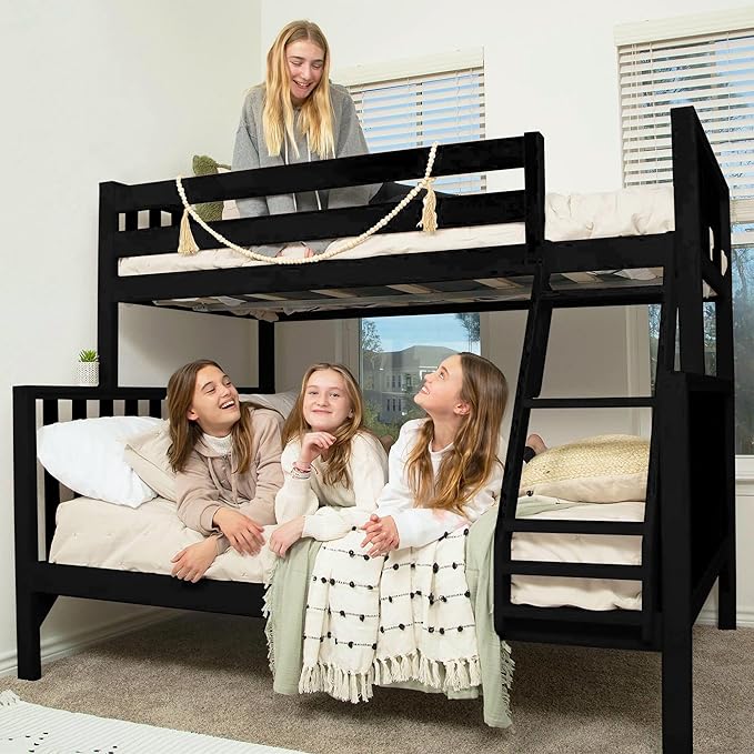 Max & Lily Bunk Bed, Scandinavian Modern Bunk Bed, Solid Wood Twin Over Full Bed Frame for Kids, No Box Spring Needed, Black