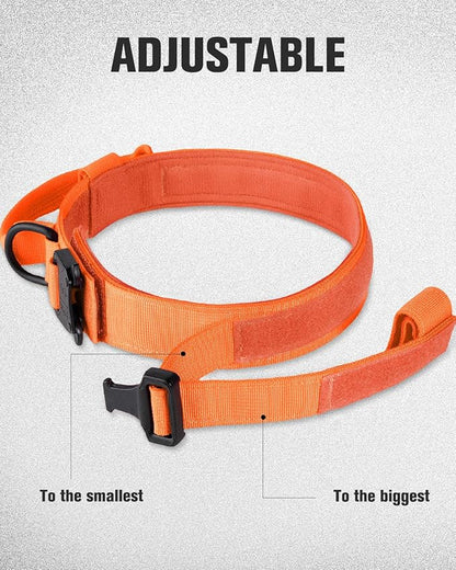 Joytale Tactical Dog Collar with Handle, Adjustable Heavy Duty Military Collar with 2 Patches for Training, Suitable for Medium Dogs, Orange, M