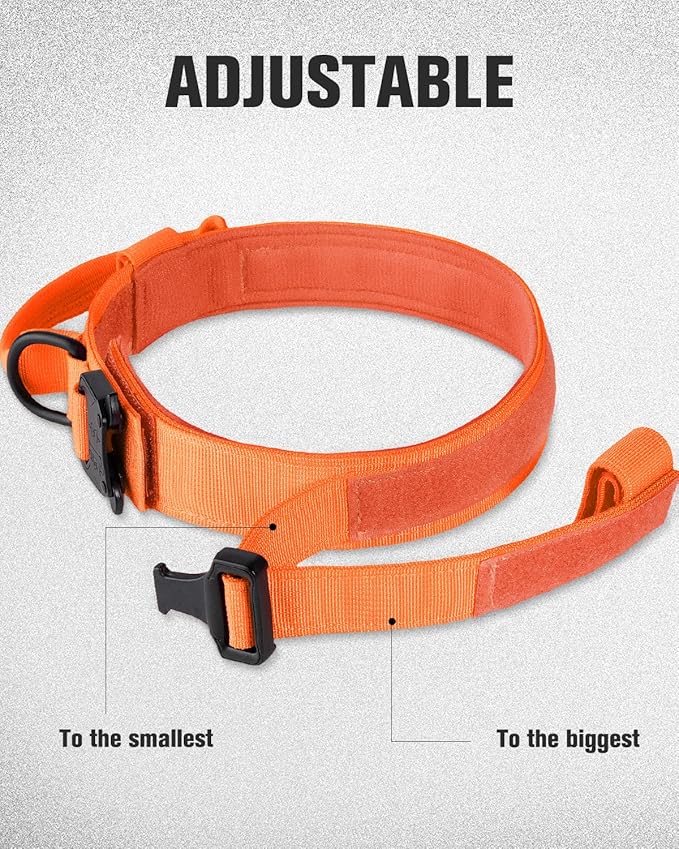 Joytale Tactical Dog Collar with Handle, Adjustable Heavy Duty Military Collar with 2 Patches for Training, Suitable for Large Dogs, Orange, L