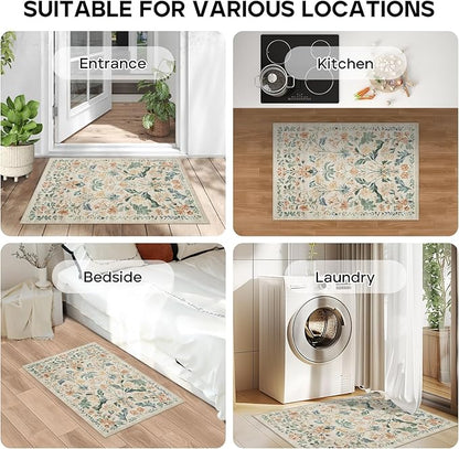 Machine Washable Area Rugs 2x3: Small Entryway Rug Soft Non-Slip Thin Carpet Floral Indoor Door Mat Floor Neutral Carpets for Entrance Bedroom Kitchen Laundry Bathroom Beige