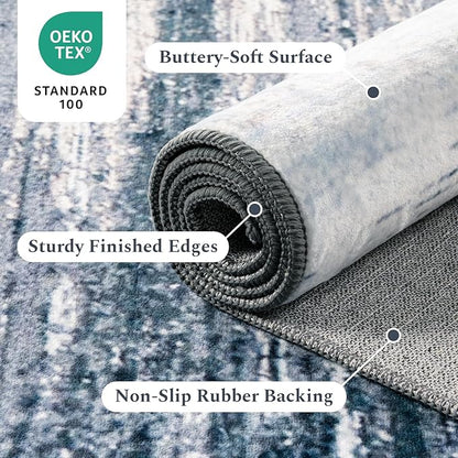 Rugflix 8x10 Large Area Rug for Living Room, Washable Low Pile Carpet Non Slip, Soft Stain Resistant Blue Grey Indoor Rug for Bedroom, Dining Room, Home Office