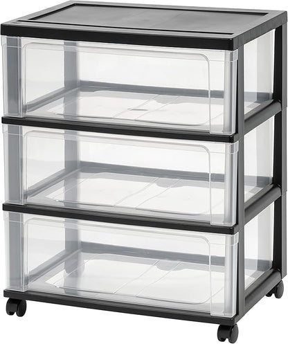 IRIS USA Plastic Drawer Storage Organizer Rolling Cart, with Wheels Casters, 3-Drawers, for Art Craft Supplies Bathroom Dorm Bedroom Laundry Room, Wide, Black