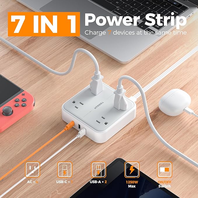 Flat Plug Extension Cord 5 Ft, TESSAN Surge Protector Power Strip Ring Pull with 3 USB (1 USB C) 4 Outlets, 900 Joules Protection, Desktop Charging Station for Home, Office, College, Dorm Room, Gray