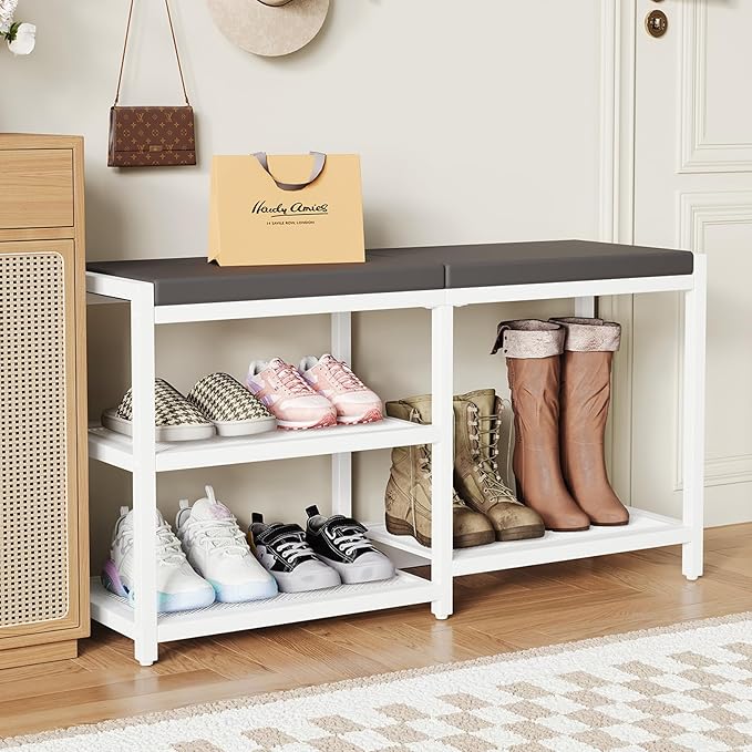 ZHOOGE Shoe Bench & Rack Storage Bench with Seat Cushion, Stable Entryway Bench Holds Up to 300 lb, (35" L x 12" W x 17" H, White)