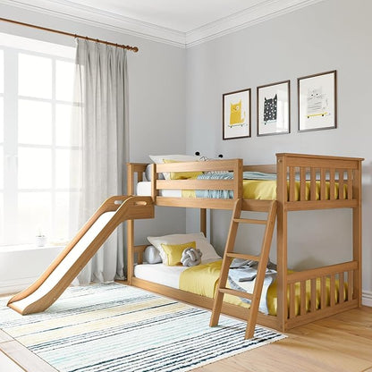 Max & Lily Twin Over Twin Low Bunk with Slide and Ladder, Wooden Bunk beds with 14” Safety Guardrail for Kids, Toddlers, Boys, Girls, Teens, Bedroom Furniture, Pecan