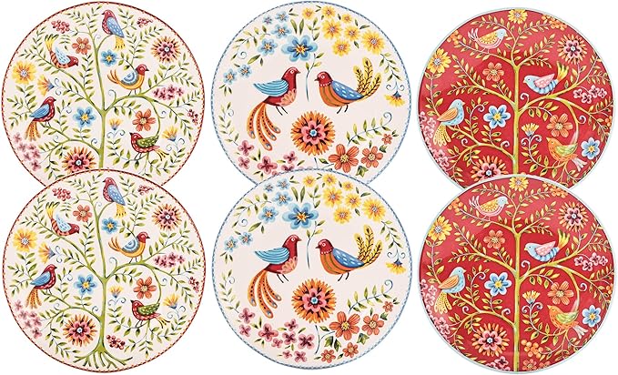 Bico Red Spring Bird Appetizer Plates Set of 6, 6 Inch Small Ceramic Dessert Plates for Snacks, Salad, Tablescape, Microwave and Dishwasher Safe, Gift for Housewarming and Thanksgiving