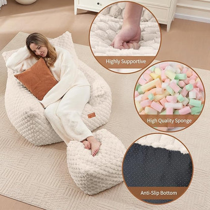 Bean Bag Chair with Ottoman, Modern Giant Bean Bag Couch Sofa with Footstool, Lounge Large Bean Bag Chairs for Adults Teens, Comfy Faux Fur Reading Chair for Bedroom, Living Room