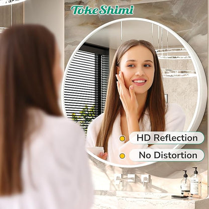 TokeShimi 26 Inch Round White Medicine Cabinet for Bathroom with Mirror Metal Framed Mirrored Bathroom Cabinet Surface Mount Only Removeable Shelves Modern Farmhouse Circle Vanity Mirror with Storage