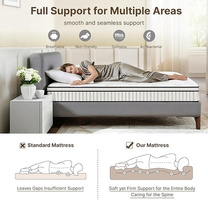 Queen Size Mattress, 10 Inch Medium Firm Foam Hybrid Mattress with Individual Pocket Springs for Motion Isolation & Edge Support, Mattress in A Box CertiPUR-US Certified