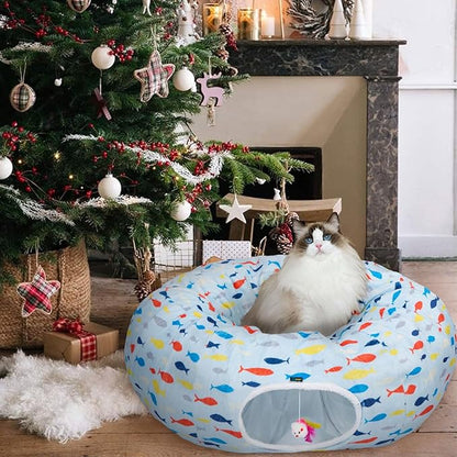 Ownpets Large Cat Tunnel Bed, Soft Plush Cat Donut Tunnel Bed with Washable Cushion, Peekaboo Cat Cave for Indoor Kitten, Puppy, Rabbit, Blue