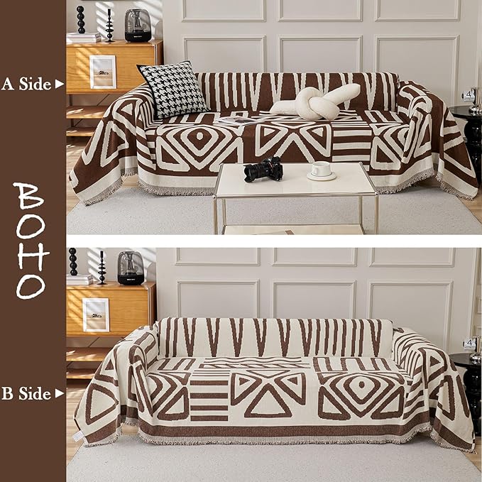 HANDONTIME Chocolate Boho Couch Cover Reversible Sofa Covers for 3 Cushion Couch Washable Couch Sofa Cover for Dogs Dark Couches Covers Chenille Couch Protector Couch Covers for Sofa, 59" X71"