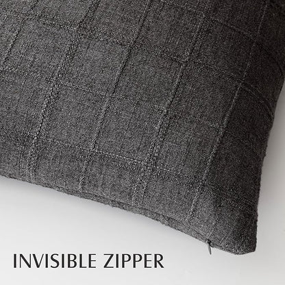 Foindtower Set of 2 Decorative Linen Check Throw Pillow Covers Neutral Farmhouse Vintage Cushion Covers Modern Boho Home Decor for Sofa Chair Couch Bedroom Living Room Outdoor,20×20 Inch,Charcoal