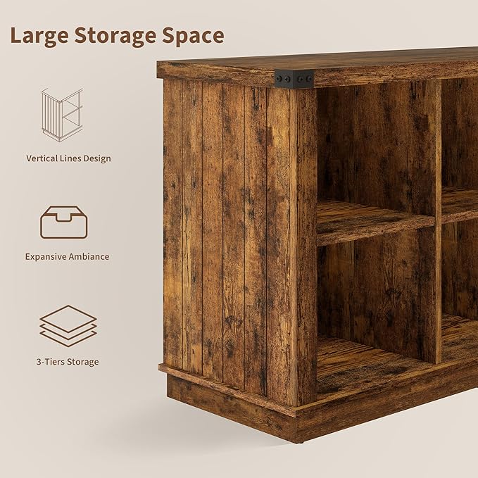 GarveeHome 8 Cube Storage Organizer Bookshelf, 3 Tier Farmhouse Horizontal Bookcase, 62 Inch Wood Storage Bookcase for Entryway, Long Low Bookshelves for Living Room-Retro Brown