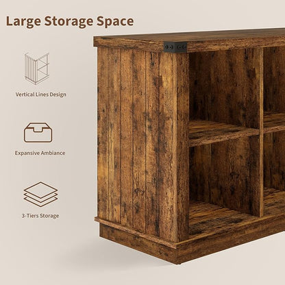 GarveeHome 8 Cube Storage Organizer Bookshelf, 3 Tier Farmhouse Horizontal Bookcase, 62 Inch Wood Storage Bookcase for Entryway, Long Low Bookshelves for Living Room-Retro Brown