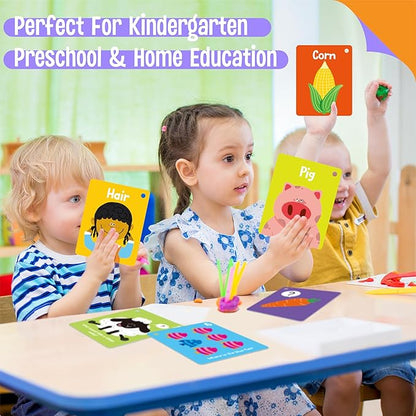 110 PCS Early Learning Flashcards, Double Sided Cards- Alphabet, Numbers, Foods, Animals, Shapes, Colors, Home Object with 4 Reclosable Rings, Learning Tool for Pre-K Kindergarten Toddlers