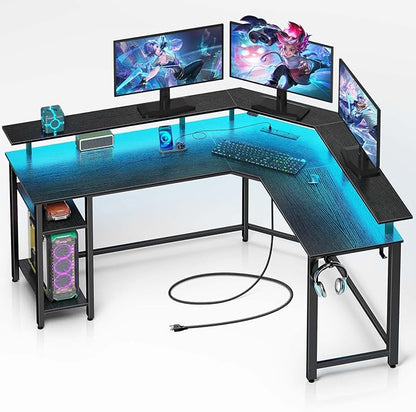Rolanstar L Shaped Gaming Desk with LED Lights & Power Outlets, 46.2" Computer Desk with Full Monitor Stand & Storage Shelf, Corner Desk with Hooks, Black Desk Reversible