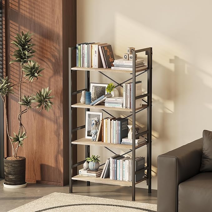 Folding Bookshelf,4 Tier Bookcase Foldable Shelf with X-Bracket Design, Adjustable Feet, Space Saving Storage for Living Room, Office, Brownish
