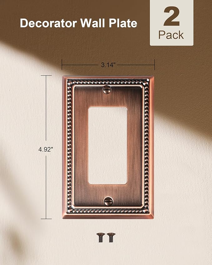 2-Pack Decorator Outlet Cover Plate, Decorative Switch Plates and Outlet Covers, Antique Copper Metal Wall Plates for Electrical Outlets, Receptacle, GFCI Outlet, Dimmer Switch