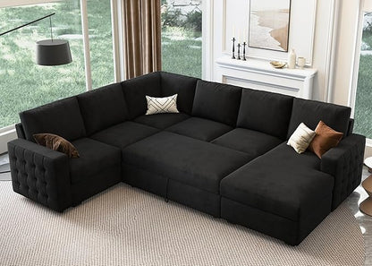 HONBAY Sectional Sleeper Sofa with Pull Out Bed U-Shape Sectional Couch with Storage Chaise 6 Seater Sleeper Sectional Sofa Bed, Velvet Black